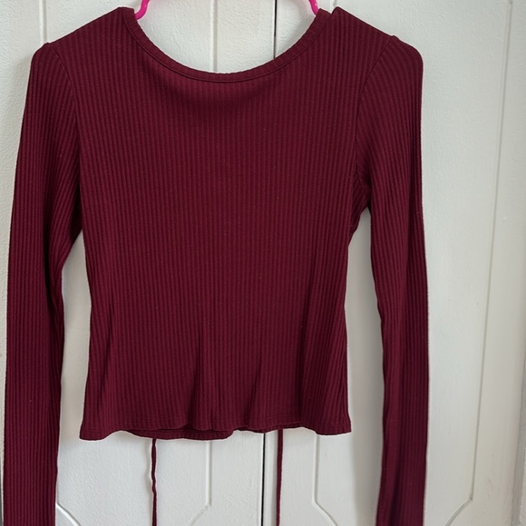 Maroon Long Sleeve Top w/ Criss Cross Lace Design - Picture 3 of 3